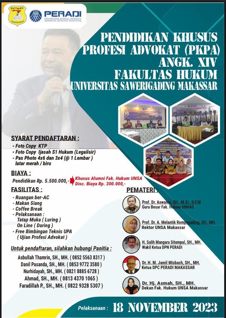 Pendaftaran PKPA Fakultas Hukum UNSA Makassar Angkatan Ke-XIV Resmi Dibuka
